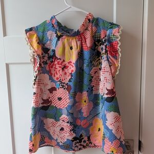 THML Multicolor Floral Ruffle Sleeve Blouse - Blue, Pink, Yellow, Green